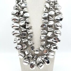 Vintage Heavy Silver Tone Acrylic Pebble 3 Strand Necklace 16" Brutalist Y2K